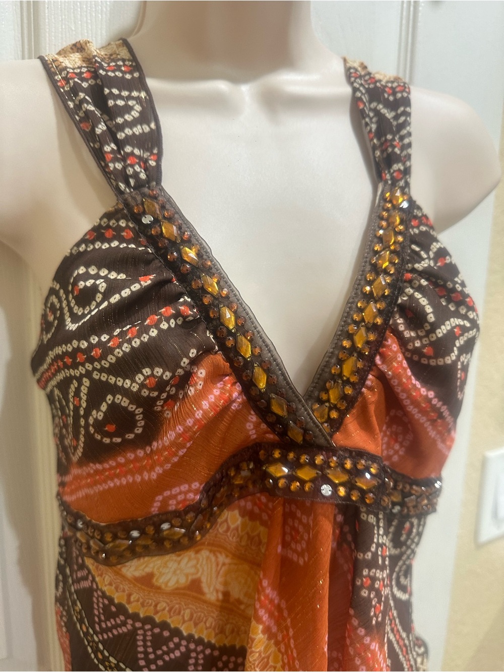 Boho Patchwork Halter Tank Top in Orange and Brown size small - Picture 2 of 4